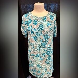 Lucy Love Dress Small Blue Floral Print Short‎ Sleeve Button Back Lined